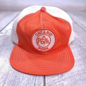 Vintage Ontario Pork Trucker Hat Cap Orange Nylon Promo Wear Mesh Canada Made